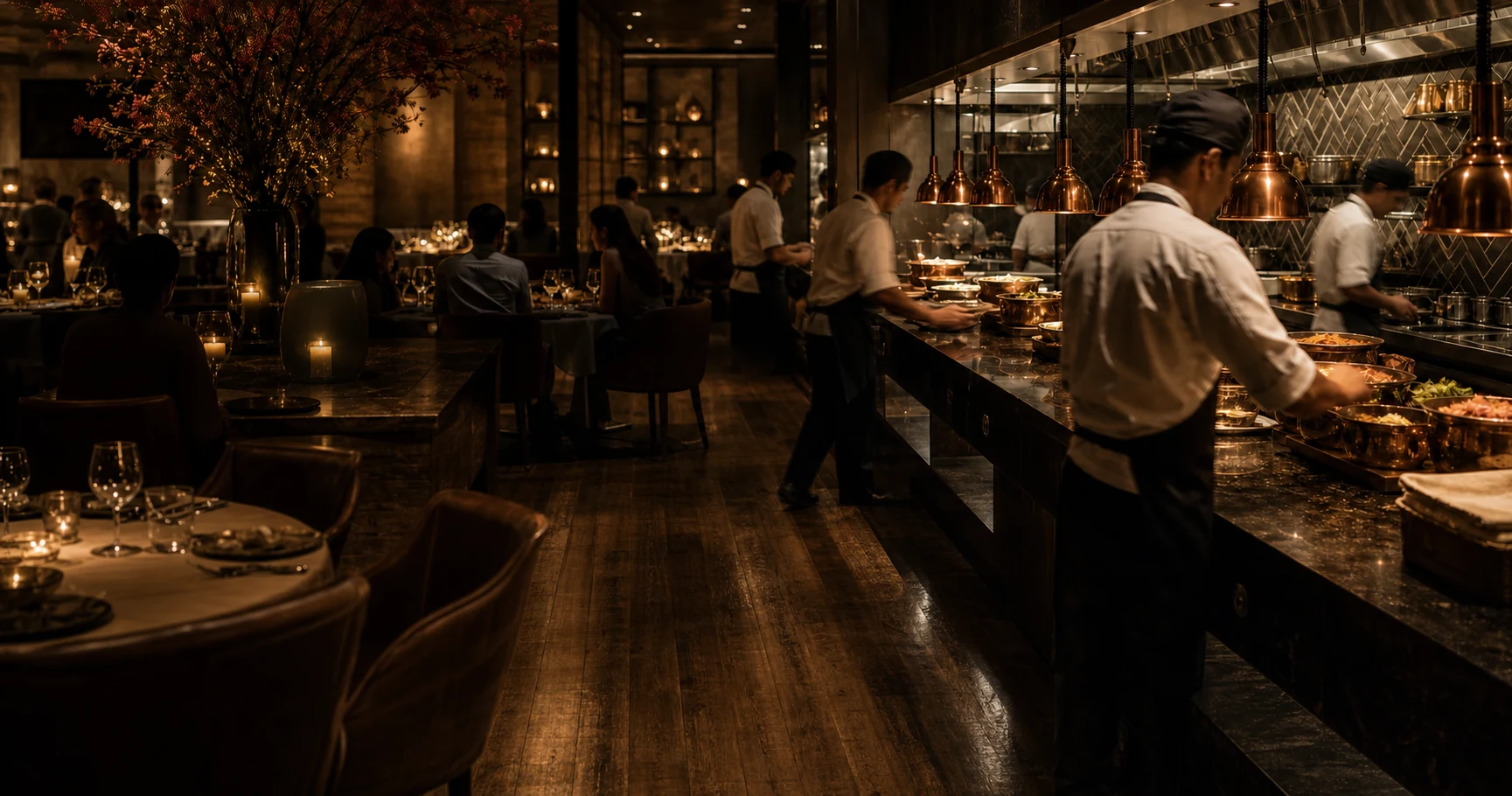 DineDirector’s restaurant imagery, with a dining room and open kitchen